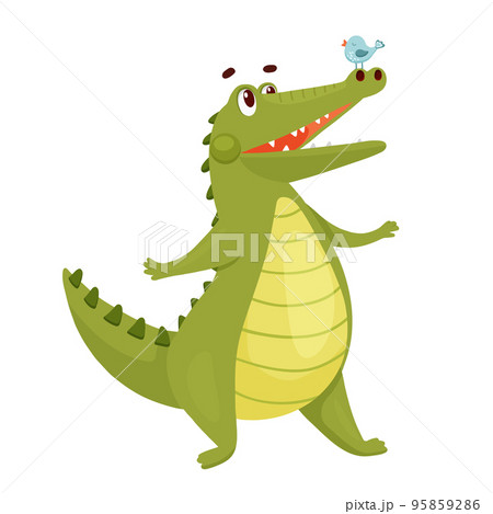 Cute Crocodile with little bird. Funny Alligator isolated on white. Cartoon Vector Illustration Green Animal Character Cute Crocodile with little bird. Funny Alligator isolated on white. Cartoon Vector Illustration Green Animal Character 95859286