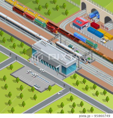 Modern Railway Train Station Isometric Poster 95860749