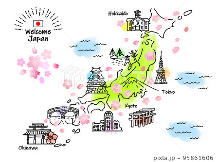春の日本の観光地シンプル線画イラストマップのイラスト素材