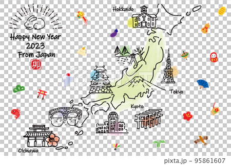 Japanese tourist destinations simple line drawing illustration map New Year's card 2023 Japanese tourist destinations simple line drawing illustration map New Year's card 2023 95861607