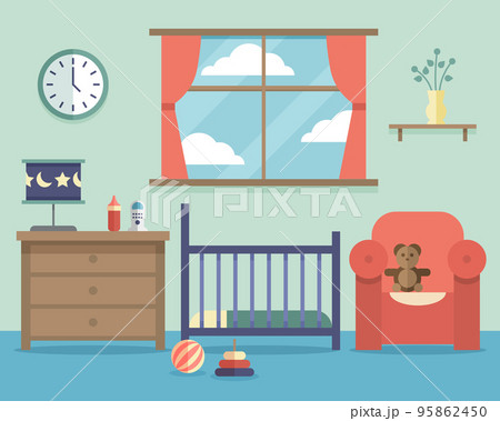 Nursery baby room interior with furniture in flat style 95862450