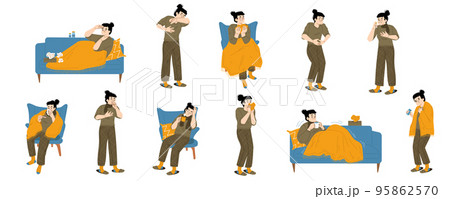 Sick woman, person with flu symptoms vector set Sick woman, person with flu symptoms vector set 95862570