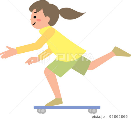 スケートボードに乗る笑顔の女の子 95862866