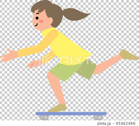 スケートボードに乗る笑顔の女の子 95862866