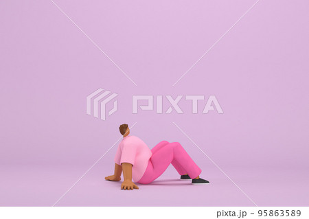 The black man with pink clothes.   He is sit down.  3d illustrator of cartoon character in acting. 95863589