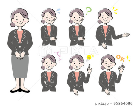 スーツ姿のシニア女性の表情　ポーズ　セット 95864096