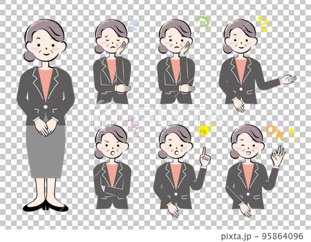 スーツ姿のシニア女性の表情　ポーズ　セット 95864096