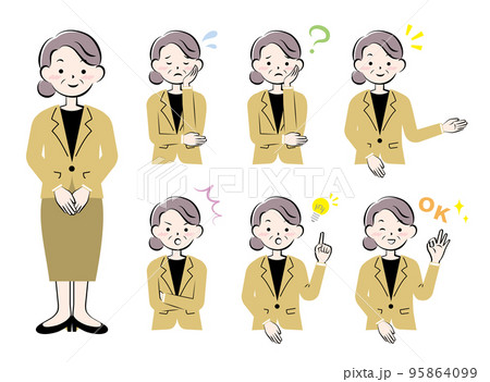 スーツ姿のシニア女性の表情　ポーズ　セット 95864099