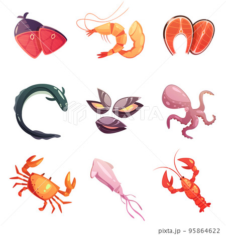 Sea Food Retro Cartoon Icons Set Sea Food Retro Cartoon Icons Set 95864622