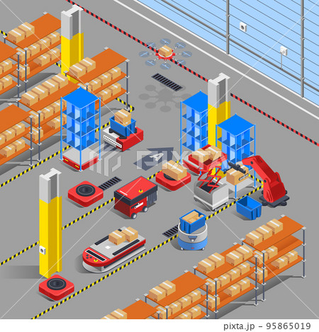 Robotic Warehouse Isometric Background Robotic Warehouse Isometric Background 95865019