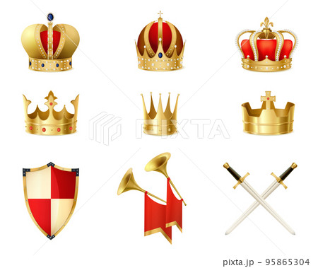 Set Of Realistic Golden Royal Crowns 95865304