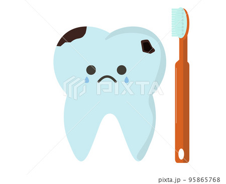 虫歯の歯と歯磨き。虫歯菌、歯を磨く. 歯磨きを怠る、ブラッシング、歯磨き。イラスト	 95865768