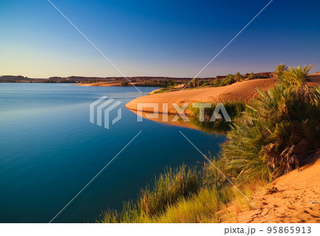Sunset Panoramic view to Yoa lake group of Ounianga kebir lakes at the Ennedi, Chad 95865913