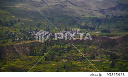 Aerial panoramic view to Colca canyon and Madrigal city from the Madrigal viewpoint, Chivay, Arequipa, Peru Aerial panoramic view to Colca canyon and Madrigal city from the Madrigal viewpoint, Chivay, Arequipa, Peru 95865928