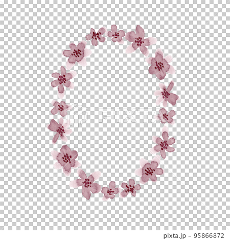 Hand painted watercolor oval frame with spring pink flowers. Meadow small flowers with space for your text. Ideal for greeting cards, wedding invitations and summer floral designs 95866872