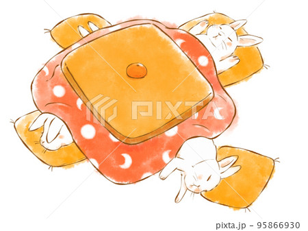 水彩風　こたつで幸せそうに眠るうさぎたちのイラスト　白背景 95866930