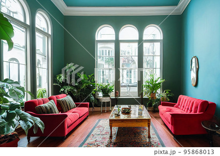 Concept art illustration of colorful living room in colonial style 95868013