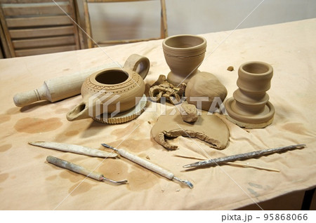 Clay vessels. Pottery product. Background Clay vessels. Pottery product. Background 95868066