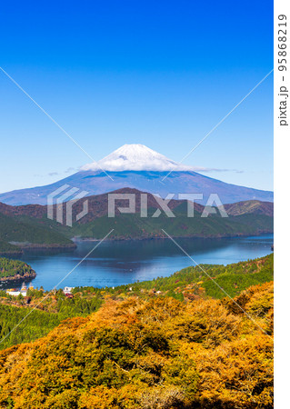 紅葉の芦ノ湖と富士山 95868219