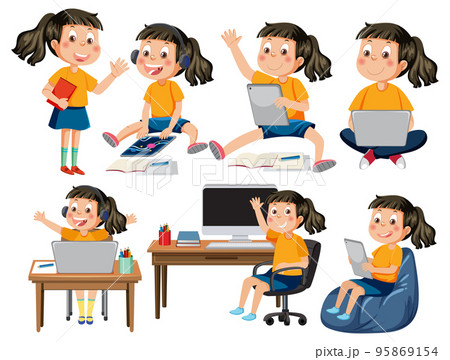 Set of kids using tablet and laptop Set of kids using tablet and laptop 95869154