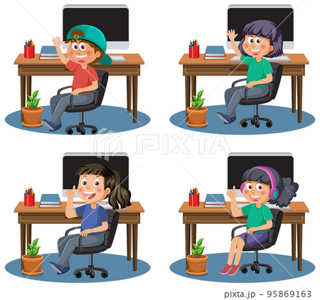 Set of different kids using computer 95869163