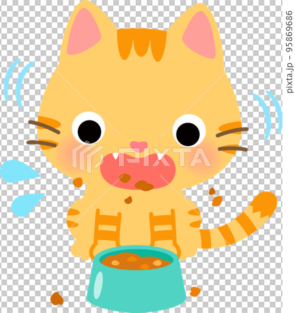 キャットフードをこぼしながら食べる猫 95869686