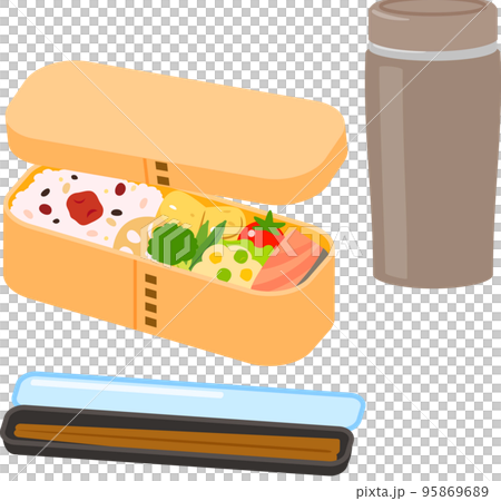 曲げわっぱの弁当箱と箸と水筒 95869689
