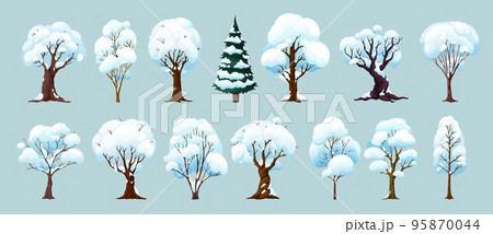 Cartoon winter trees, isolated vector wintertime forest and garden plants with snow on branches. Birch, spruce, oak, maple or elm in park or wood, natural seasonal winter landscape tree 95870044