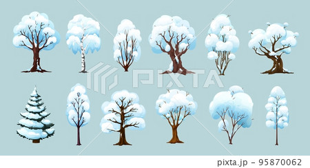 Cartoon winter trees, isolated vector plants with snow on branches. Wintertime season birch and spruce, oak, maple or elm tree in park, garden or winter forest. Game asset 95870062