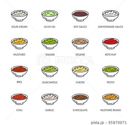 Sauce icons, ketchup BBQ, mayonnaise and mustard in bowls, vector fast food dressing. Sauce bowl line icons of mayo, tomato and soy sauce for barbecue, sour cream, spicy chili and cheese flavor dip Sauce icons, ketchup BBQ, mayonnaise and mustard in bowls, vector fast food dressing. Sauce bowl line icons of mayo, tomato and soy sauce for barbecue, sour cream, spicy chili and cheese flavor dip 95870071