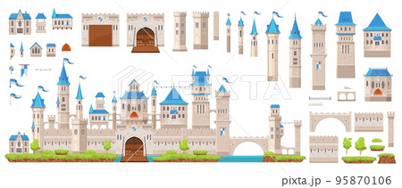 Knight stone castle and fortress constructor kit, vector gate tower and turret, bridge and fort walls. Castle or palace building constructor kit, medieval kingdom game or citadel architecture elements 95870106