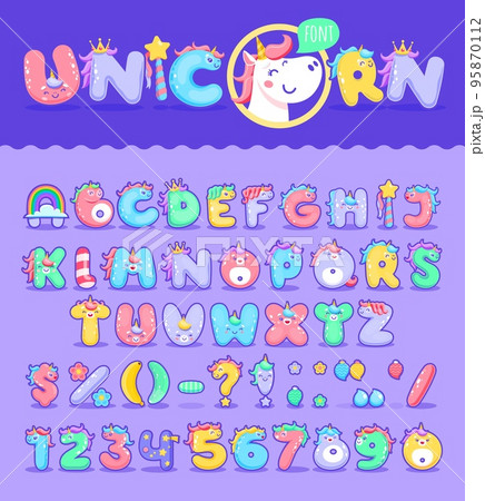 Cartoon unicorn font, magic type or typeface, vector letters of baby text alphabet. Pink funny princess unicorn font or girl typography type with cute cartoon fairy characters, kid dream typeface 95870112