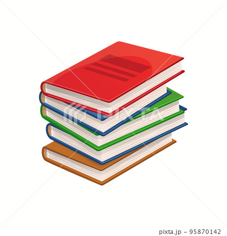 Cartoon books, textbooks and bestsellers stack. Isolated vector pile of school encyclopedia volumes, schoolbooks, dictionary, library literature, novel, fairytale or verses with colorful covers 95870142
