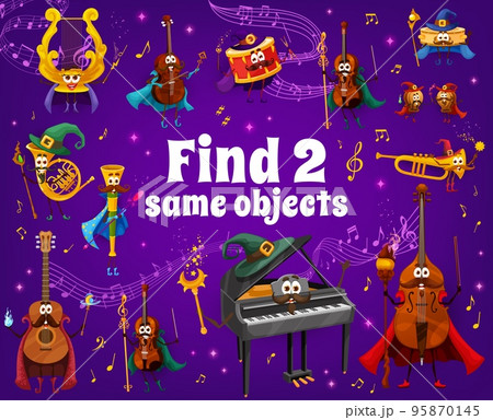 Find two same magic musical instrument characters in sound music waves, vector quiz. Kids puzzle to find same cartoon music instrument, violin wizard, trumpet sorcerer and piano witch with magic wand 95870145