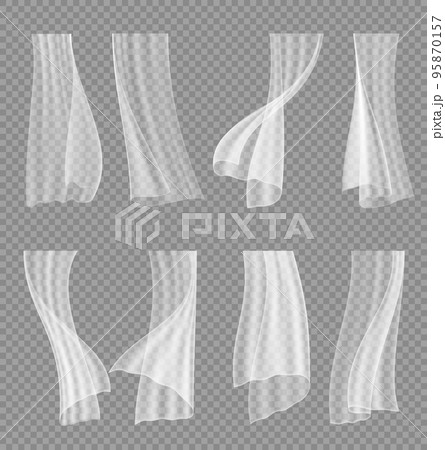 White window veil curtain in wind on transparent background, realistic vector. Curtains of veil fabric or silk cloth drapery, hanging tulle tissue veils for wedding frame or interior drapes with folds White window veil curtain in wind on transparent background, realistic vector. Curtains of veil fabric or silk cloth drapery, hanging tulle tissue veils for wedding frame or interior drapes with folds 95870157
