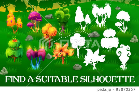 Find a suitable silhouette quiz, fantastic fairy magic trees and plants. Shadow match kids game worksheet with alien flora, strange mushrooms on field. Children preschool and kindergarten education 95870257