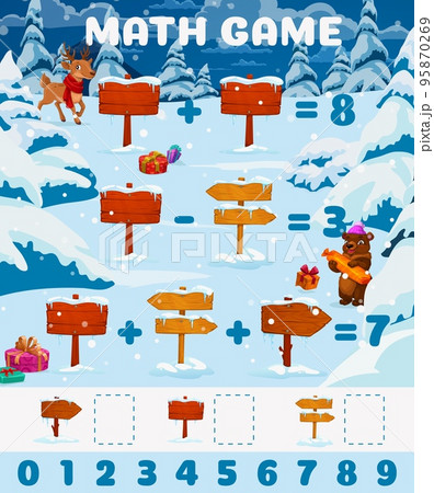 Christmas forest, wooden signs, cartoon deer and bear characters math game worksheet. Vector puzzle quiz or counting riddle with addition and subtraction exercises on snow nature background Christmas forest, wooden signs, cartoon deer and bear characters math game worksheet. Vector puzzle quiz or counting riddle with addition and subtraction exercises on snow nature background 95870269