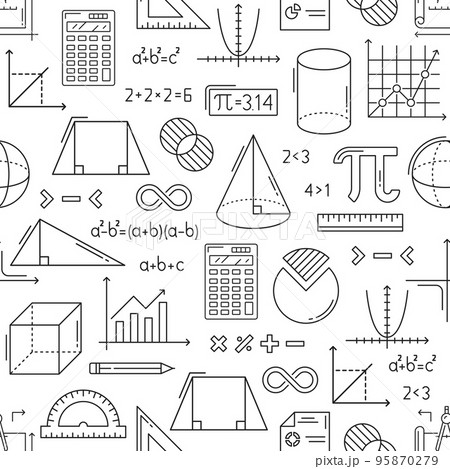 Mathematics seamless pattern. Vector background of math education with linear algebra formulas, equations and geometry figures, trigonometric graphs and charts. Pencils, rulers and protractor backdrop 95870279