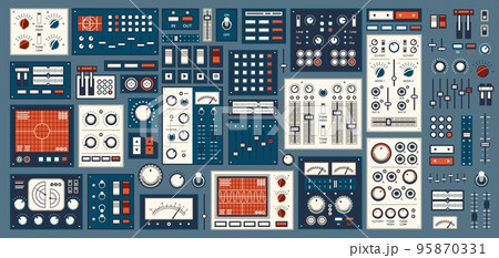 Retro dashboard. Control panel dial, switch, knob buttons. Spaceship console, electronic UI and airplane vintage switches, music recording studio slider, lab equipment computer display, monitor screen 95870331