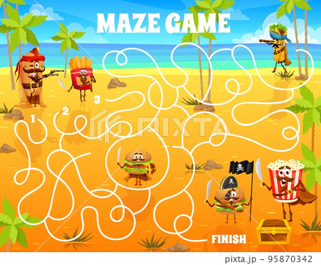 Labyrinth maze game cartoon pirates and captain fastfood characters on treasure island. Kids vector quiz worksheet. Funny urger, hot dog, french fries, pop corn and burrito finding a treasure chest 95870342
