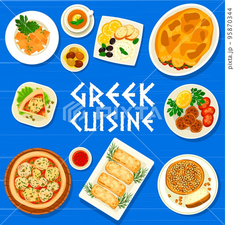 Greek cuisine restaurant food menu cover template. Sweet bread Vasilopita, pasta Hilopites and casserole Moussaka, pie Ladenia, meatballs Keftedes and fish roe dip Taramasalata, fried feta cheese 95870344