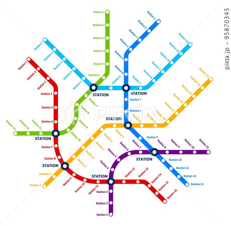 Metro subway, underground railway city transport map, vector urban tube lines scheme. Subway metro or tube and public transport network plan with train, bus or tram connection stations 95870345