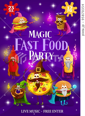 Halloween magic party flyer, fast food cartoon wizard and mage characters. Vector poster with funny burger, coffee cup, ketchup and mustard bottles, pizza and donut take away fastfood meal sorcerers Halloween magic party flyer, fast food cartoon wizard and mage characters. Vector poster with funny burger, coffee cup, ketchup and mustard bottles, pizza and donut take away fastfood meal sorcerers 95870354