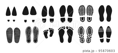 Shoes and barefoot footprints. Isolated step tread or vector foot traces with baby feet. Human barefoot and sneakers sole, tracking boot, woman shoe on heels and flip flops, slippers black trails 95870603