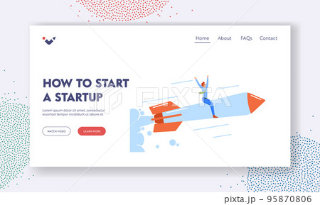 Business Startup Landing Page Template. Happy Entrepreneur Flying Up On Rocket. Male Character Launch Business Start Up 95870806