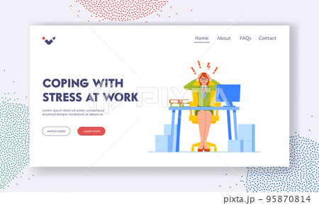 Coping with Stress at Work Landing Page Template. Stressed Businesswoman Sit with Flashes and Exclamation Marks Coping with Stress at Work Landing Page Template. Stressed Businesswoman Sit with Flashes and Exclamation Marks 95870814