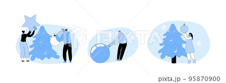 Set Happy People Decorate Christmas Tree Together Prepare for Winter Holidays Celebration Cartoon Vector Illustration Set Happy People Decorate Christmas Tree Together Prepare for Winter Holidays Celebration Cartoon Vector Illustration 95870900
