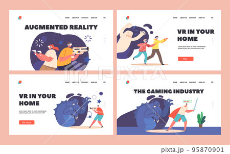 Players Gaming At Cyberspace Landing Page Template Set. People in Vr Headset Play Video Games. Virtual Augmented Reality 95870901