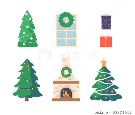 Set Christmas Tree with Balls, Star and Garlands, Fireplace with Burning Fire, Wreath Hang on Window, Gift Boxes 95871015