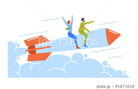 Cheerful Business Men Characters Flying Up by Rocket Engine. Office Workers Career Boost, Start Up Launch, Leadership 95871016